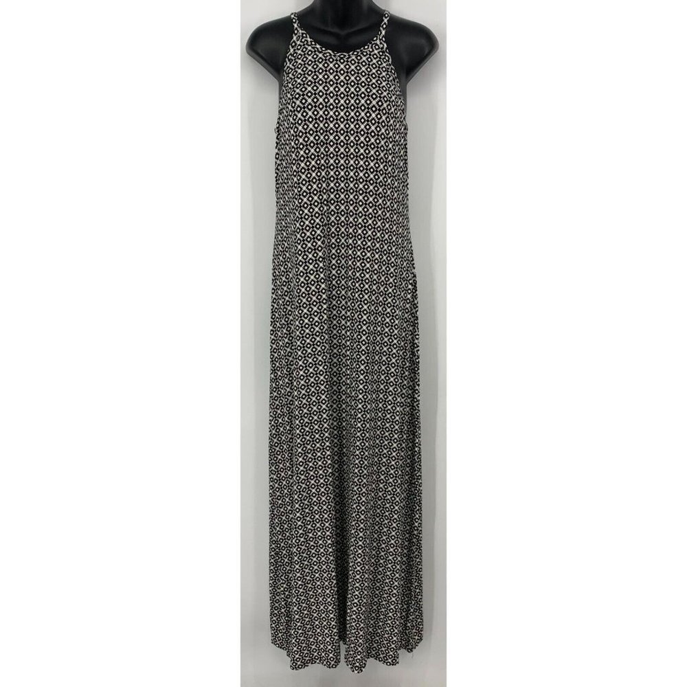 Old Navy Dress Size Medium M Black White Geo Maxi Sleeveless Tie Shift Women New